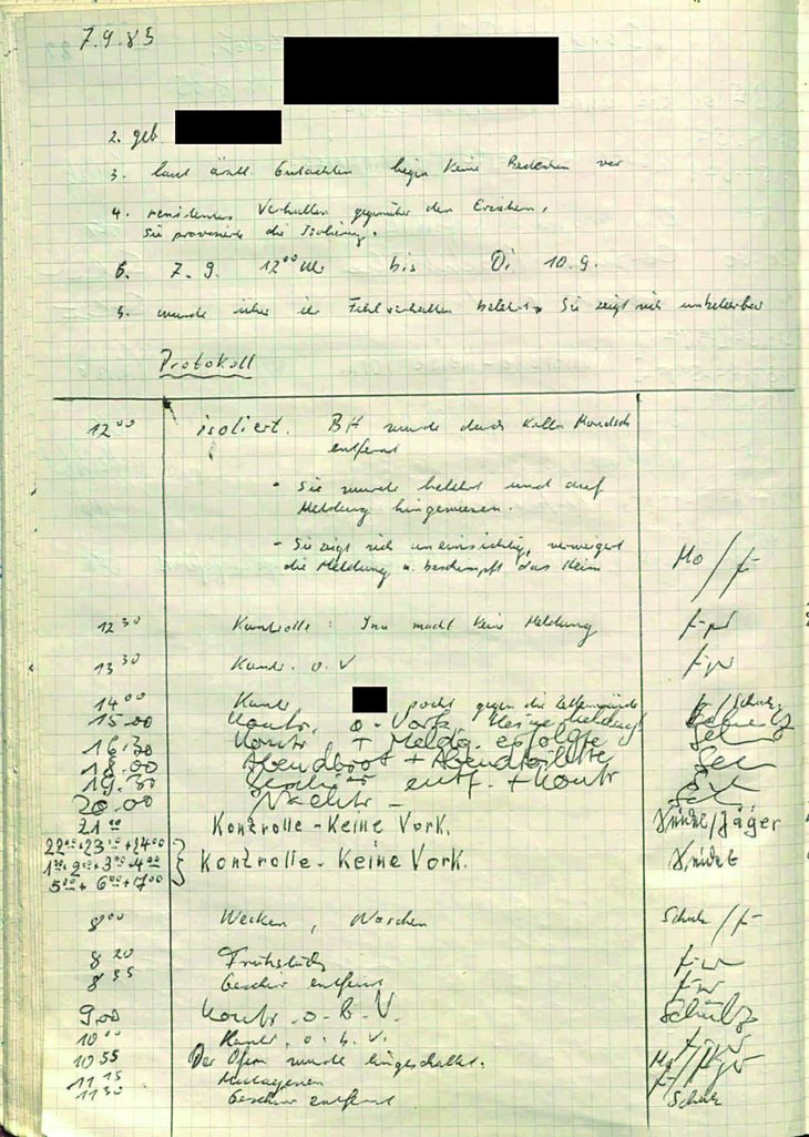 Auszug aus dem Isolierbuch: Die Aufzeichnungen dokumentieren den Alltag in der Arrestzelle, der geprägt ist von Isolation, regelmäßigen Kontrollen, festgelegten Mahlzeiten und bestimmten Zeiten für die "Körperhygiene". In diesem Beispiel werden die Abläufe sachlich protokolliert, einschließlich der mehrfachen Suizidversuche eines 13-jährigen Mädchens am zweiten Tag seiner Isolierung.