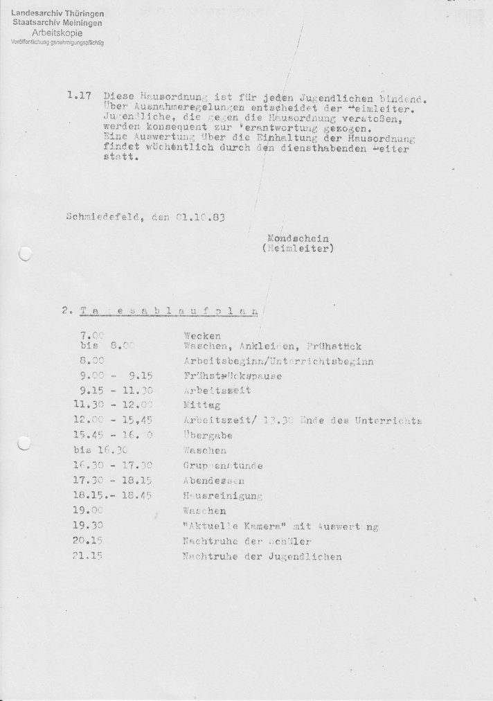 Tagesablauf in Schmiedefeld (1983), Quelle: Landesarchiv Thüringen - Staatsarchiv Meiningen)